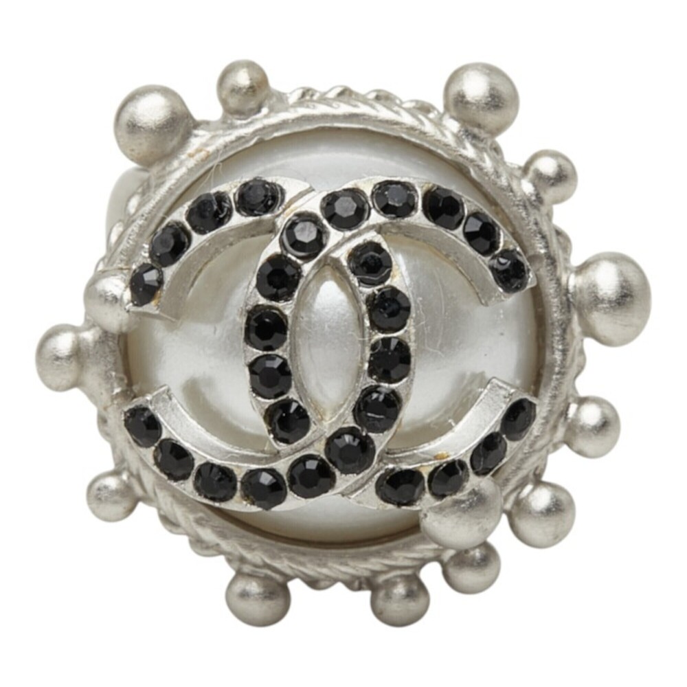 Chanel Coco Mark Ring, 02C, Silver, Black Metal, Faux Pearl, Women's, CHANEL